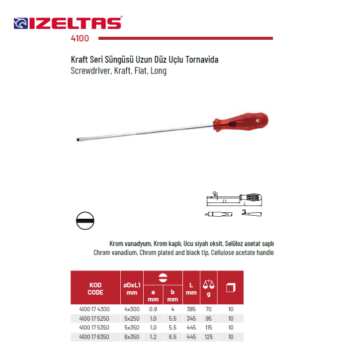 4100 KRAFT SERİ SÜNGÜSÜ UZUN DÜZ UÇLU TORNAVİDA İZELTAŞ