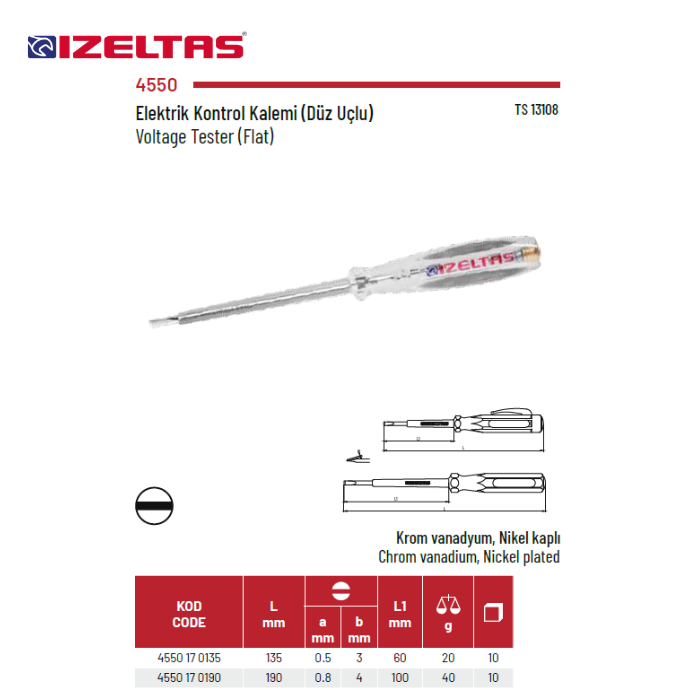 4550 ELEKTRİK KONTROL KALEMİ DÜZ UÇLU İZELTAŞ